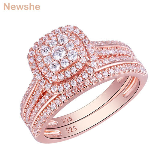 Newshe Double Halo Rose Gold 925 Silver Engagement Ring Bridal Set for image 0