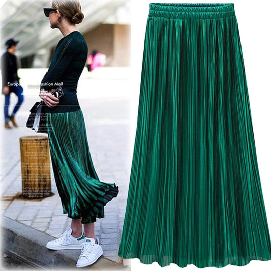 Silver Gold Pleated Skirt Womens Vintage High Waist Skirt 2023 Winter Long Warm image 0