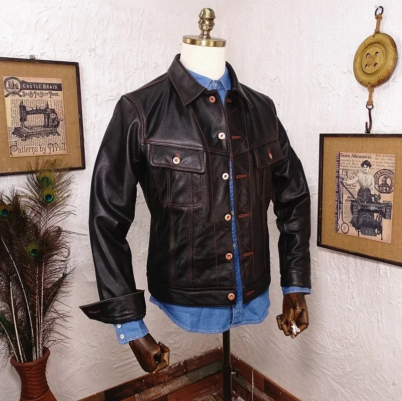 Free shipping.Popular vintage casual style genuine leather jacket.Cheap men sli image 4