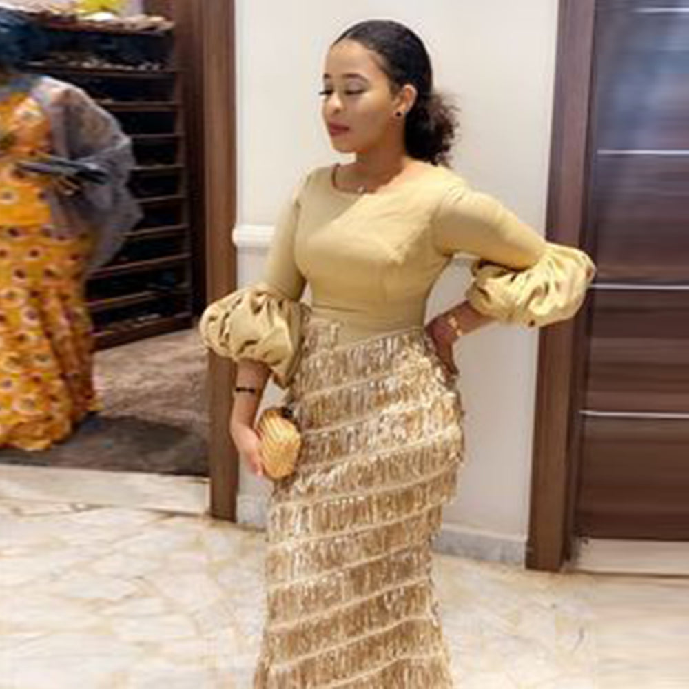 Women's Party Dresses Round Neck Lantern Long Sleeve Tassel Slim Gold Dress 202 image 0