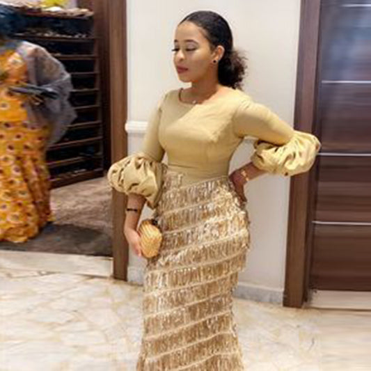 Women's Party Dresses Round Neck Lantern Long Sleeve Tassel Slim Gold Dress 202 image 0