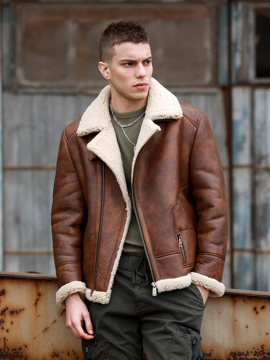 New Winter Fashion Cloth Men's Pilot Coat Genuine Sheepskin Shearling Leather J image 0
