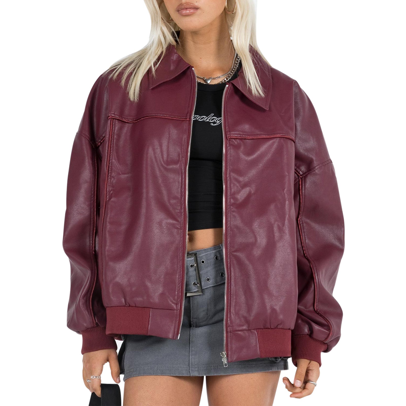 Women s Faux Leather Moto Jacket Stylish Lightweight Zip-Up Coat with Long Slee image 5