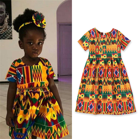 0-5Y Toddler Kids Baby Girl Dashiki African Print Dresses + Headwear Short Slee image 0