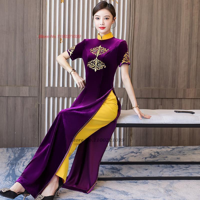 2024 woman aodai vietnam traditional vietnam velvet dress+pants set flower embr image 1