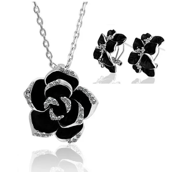 Fashion Rose Flower Enamel Jewelry Set Rose Gold Color Black Bridal Jewelry Set image 3