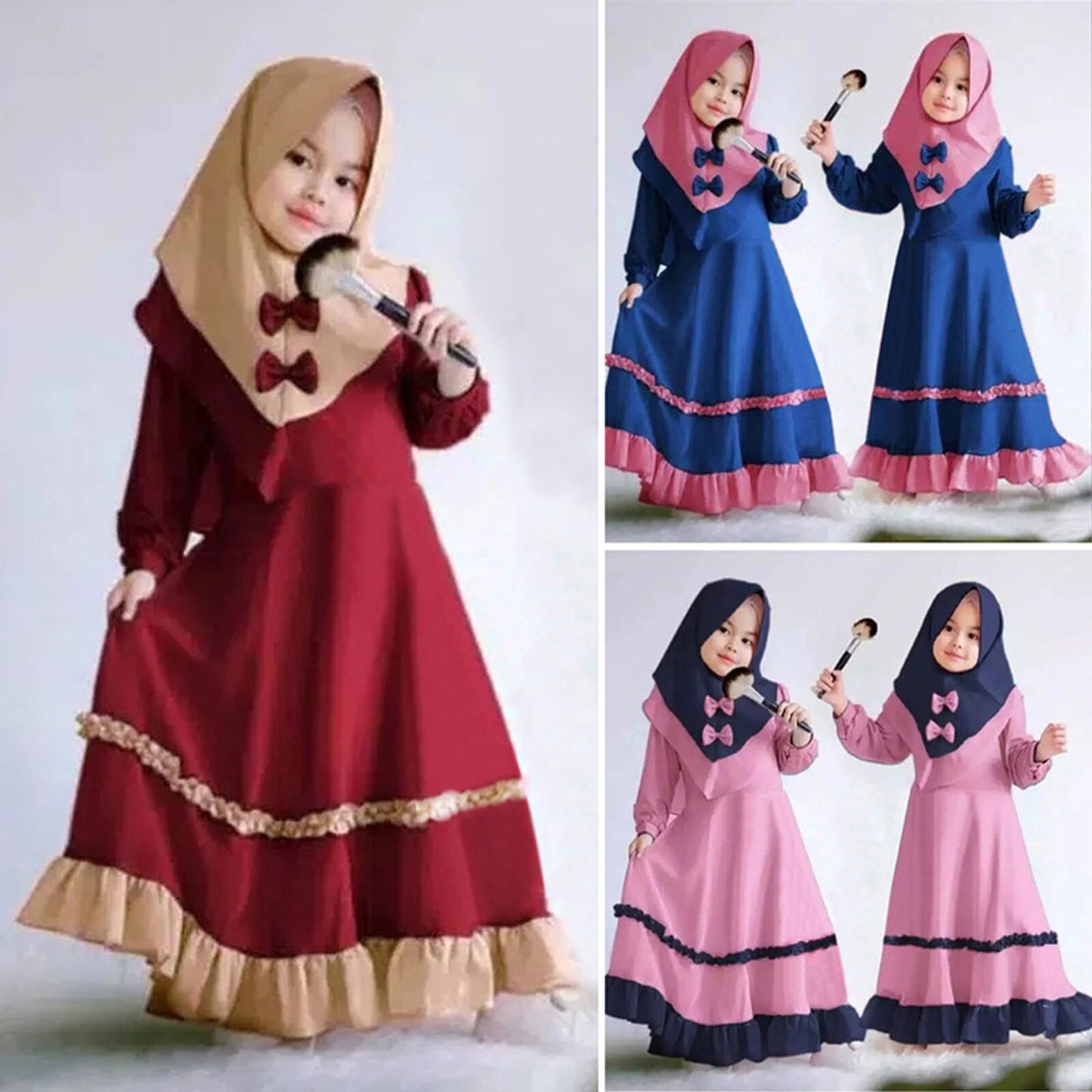 Muslim 2 Pieces Set Girls Princess Dress Kids Abaya Hijab Islamic Children Pray image 6