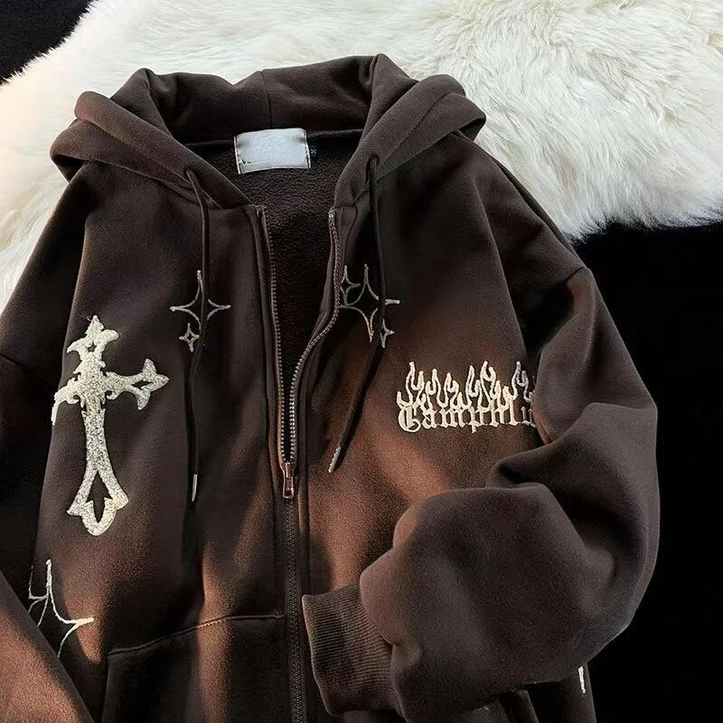 Gothic Embroidery Retro Hoodies Women Harajuku Long Sleeve Zip Up Loose Hooded image 5