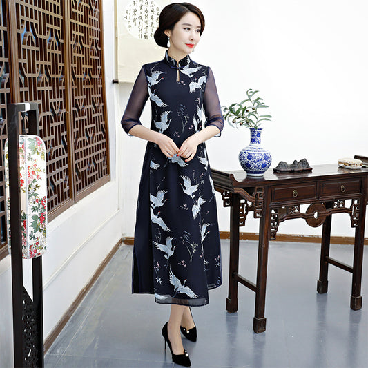 Plus Size  Ao Dai Cheongsam dress China Improved Qipao Women Long Two-Piece Set image 0