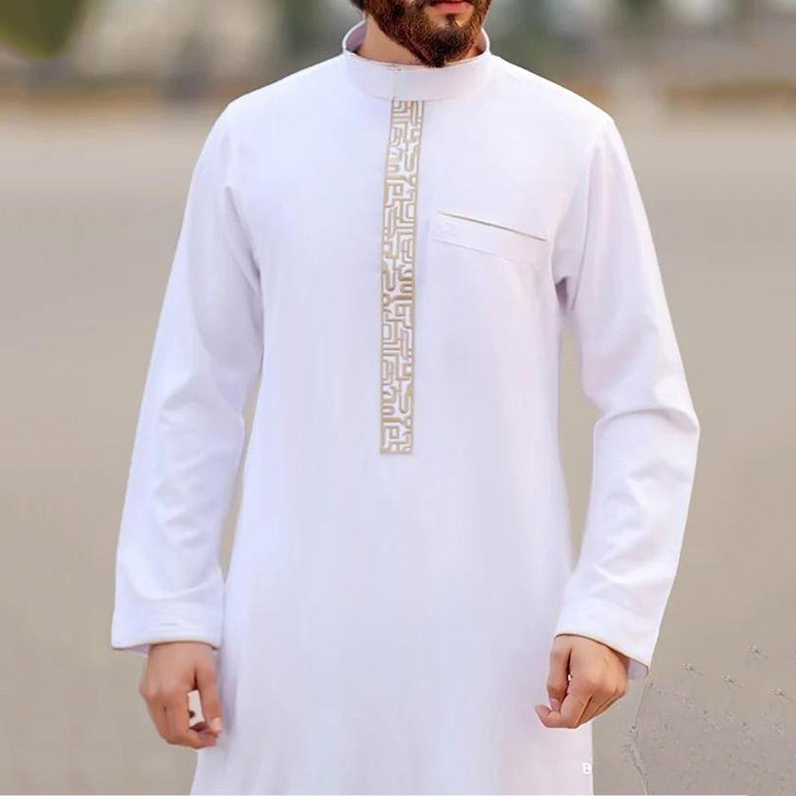 New 2024 Arab Men's Robe Abaya White Muslim Printed Clothing Men's Robe Long Dr image 1