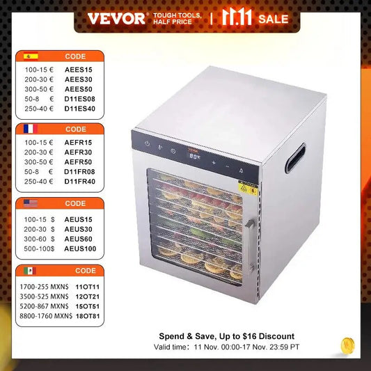 VEVOR 10 Trays Food Dehydrator Stainless Steel Machine 800W/1000W Household Veg image 0