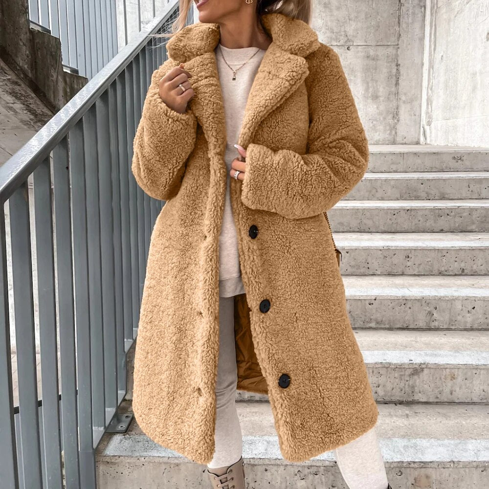 Fall/Winter New Flannel Coat Women Casual Solid Color Plush Lapel Long Sleeve J image 1
