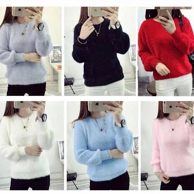 Winter Imitate Mink Wool Hot Fleecing Female Casual Sweater O-neck Long Puff Pi image 8