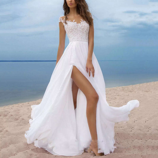 Women White Slit Maxi Dresses Autumn Elegant Backless Wedding Outfit Lace V-neck image 0