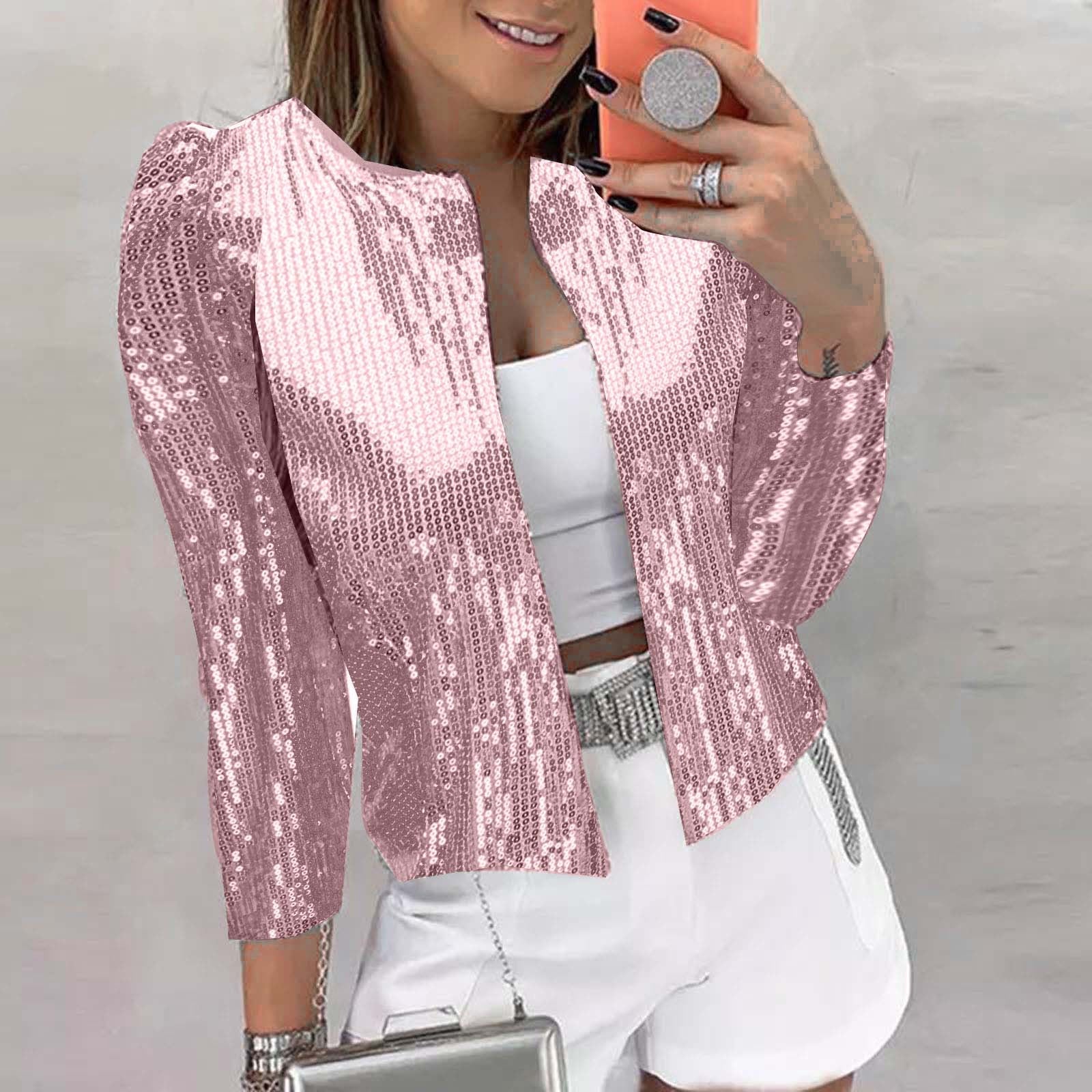 Elegant Women Jackets Long Sleeves Party Blazer Cardigan Sequin Open Front Crop image 1
