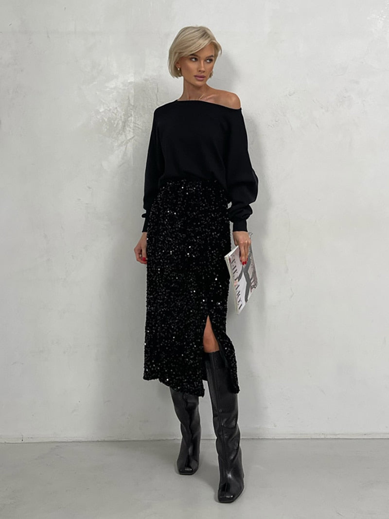 Silver Black Sequin Skirt Women Elegant Vintage Punk Evening Dress Slit Cute Su image 5