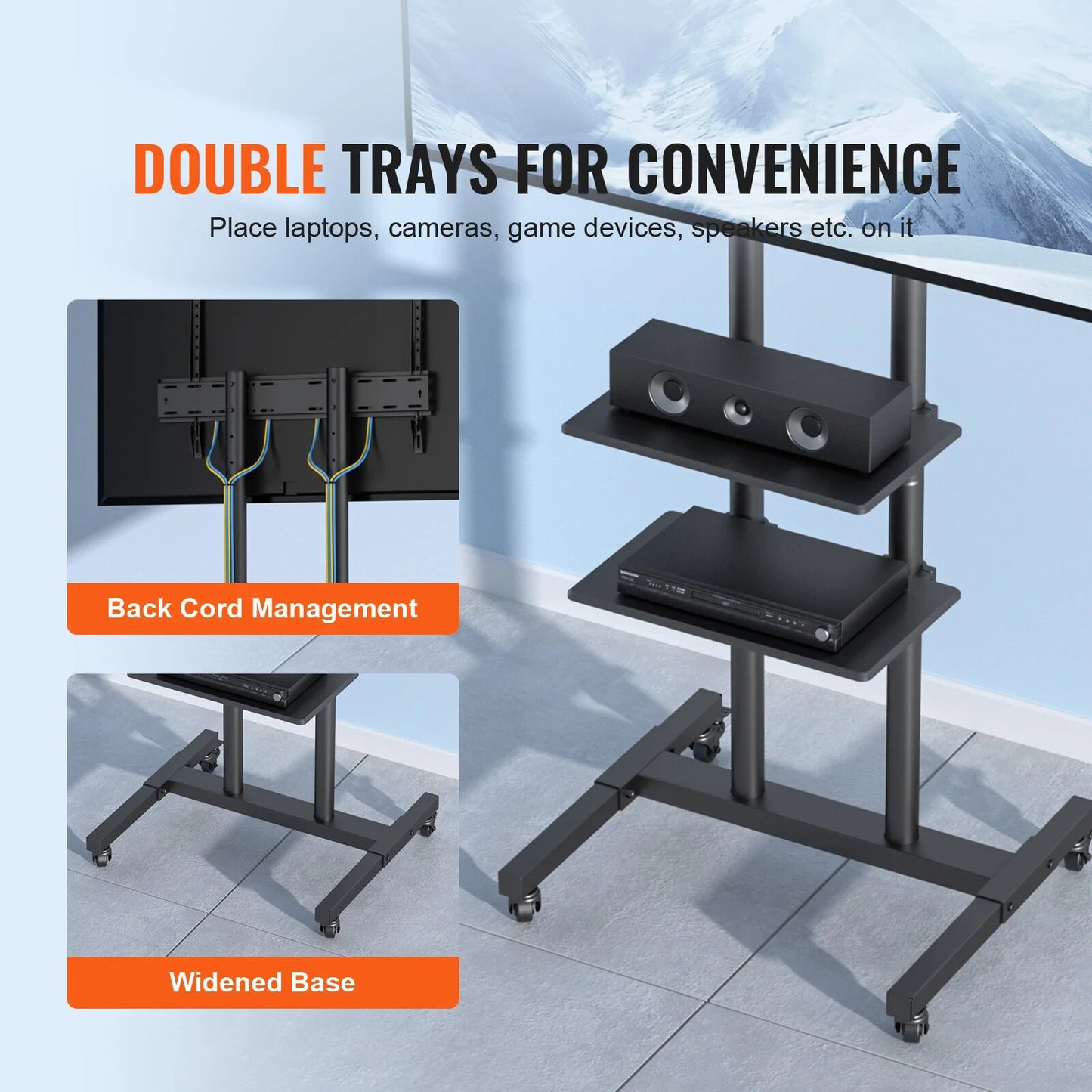 VEVOR Mobile TV Stand Height Adjustable TV Stand with Wheels Double Tray for Au image 5