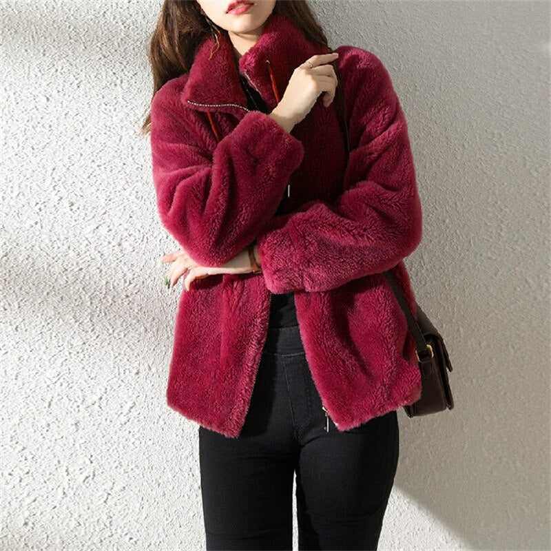 Female Winter Jacket Thickened Double-sided Velvet Stand-up Collar Warm Retro S image 5