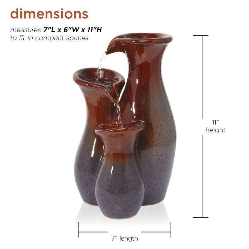 Indoor Tiered Glossy Ceramic Vase Tabletop Fountain, Brown/Gray image 2