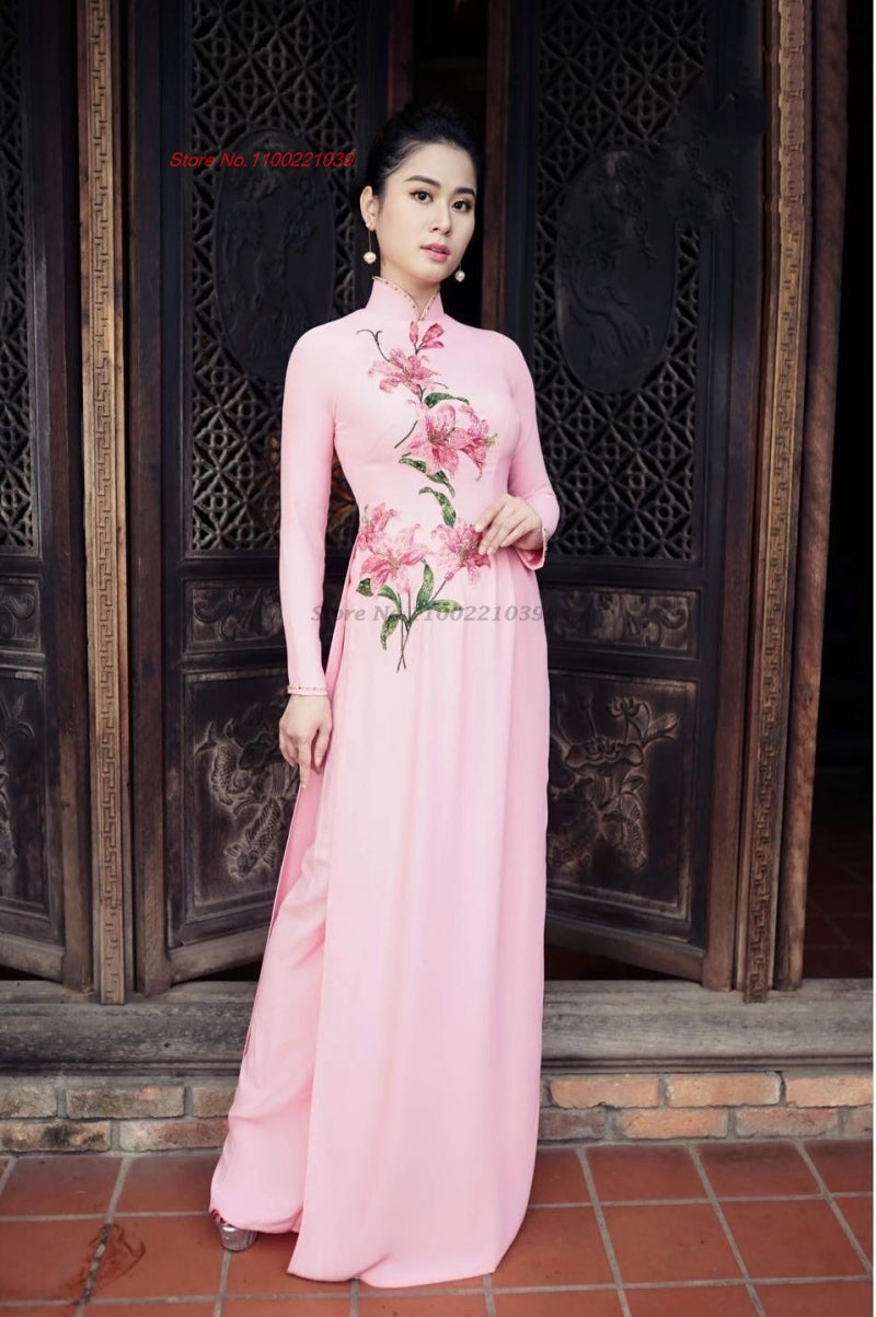2024 vietnam traditional dress aodai national dress+pants set flower print qipa image 1