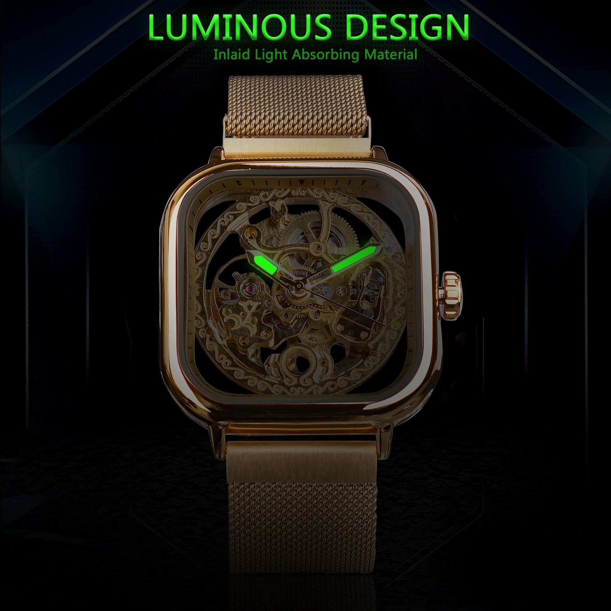 Forsining Golden Men Automatic Watch Square Skeleton Mesh Steel Band Mechanical image 4