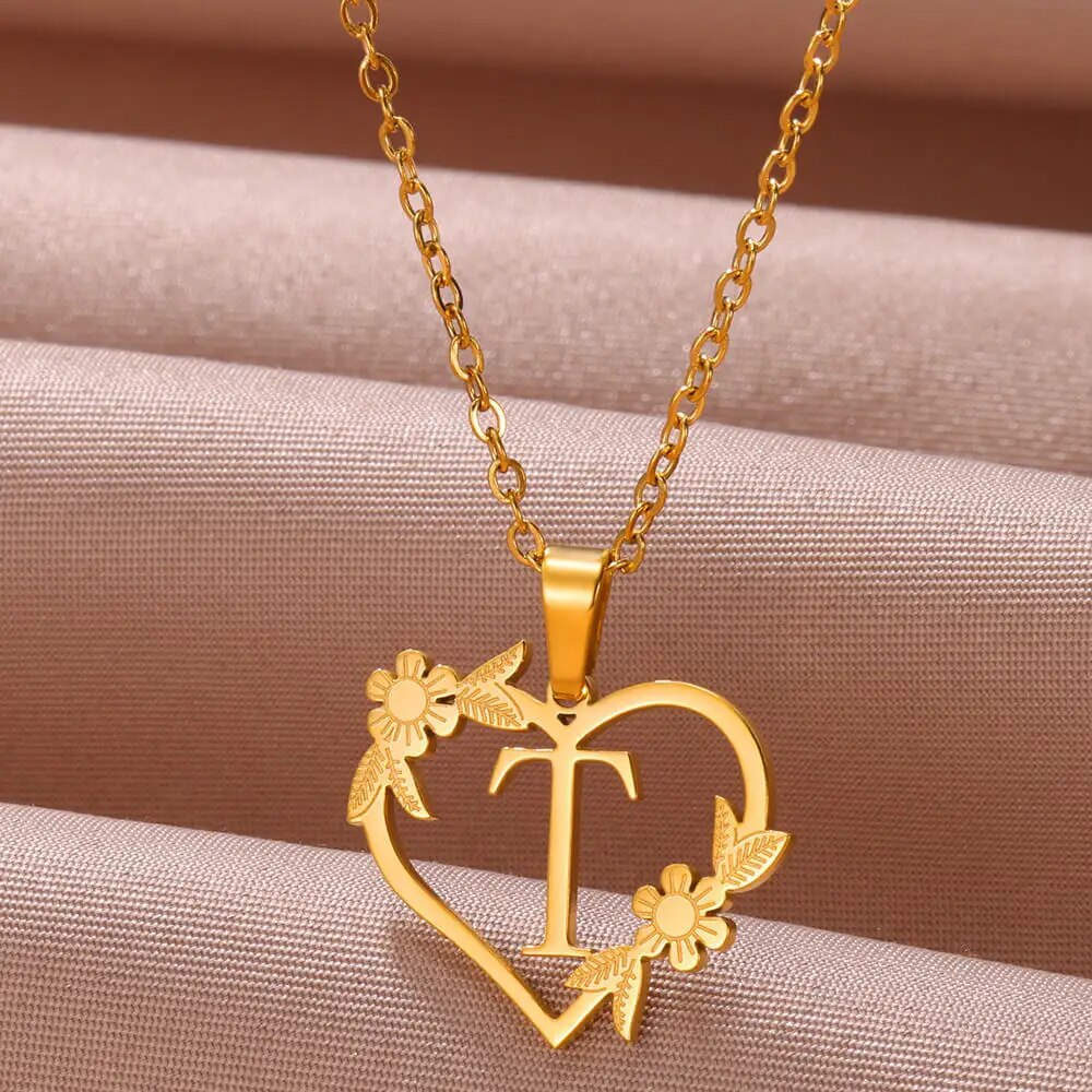 Gold Color Dainty Flower Initials Necklace Women Girl Stainless Steel Heart Let image 19