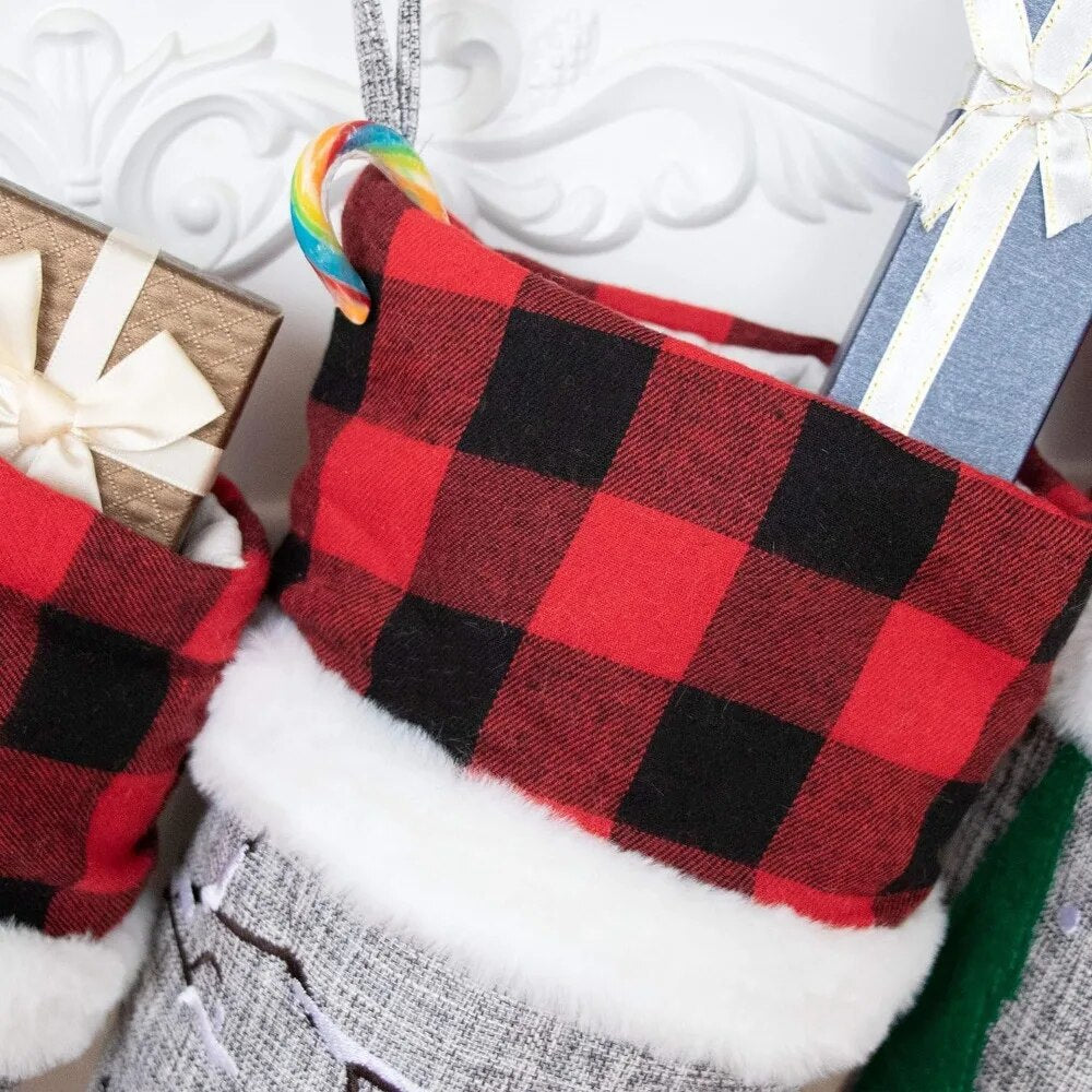 Set of 6 Christmas Stockings Gray Burlap Buffalo Red Plaid Soft Faux Fur 20 Inc image 1