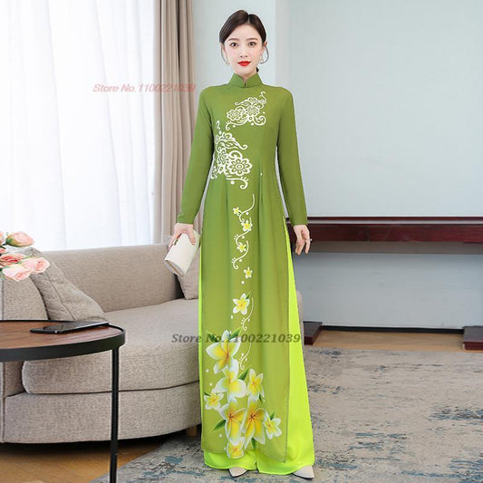 2024 vietnamese aodai dress women traditional flower print vintage elegant qipa image 0