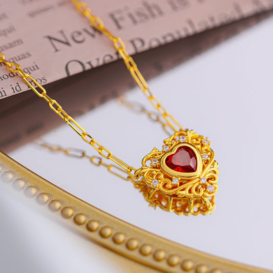 Real18 K Gold Color Ruby Zircon Heart Collar Necklace Chain for Women Valentine image 0