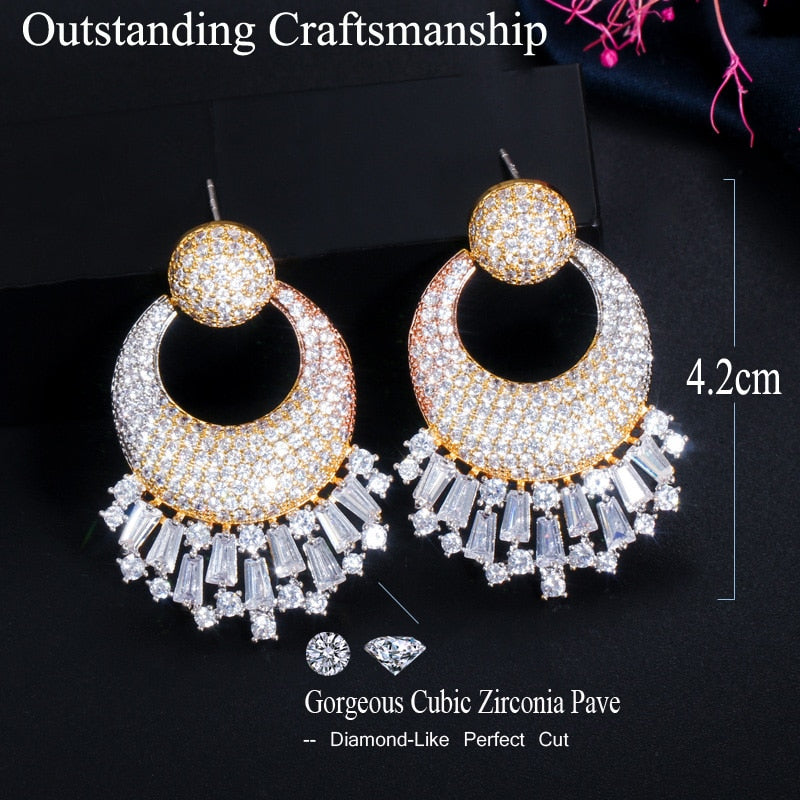 CWWZircons Nigerian Wedding 3 Tone Gold Plated Big Drop Earrings Shiny CZ Micro image 7
