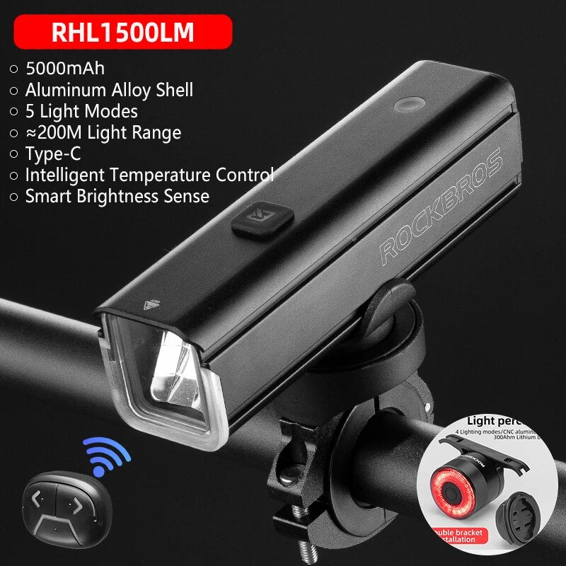 ROCKBROS Bike Light 1500LM5000mAh Type-C Bicycle Light Temperature Control  IPX image 7