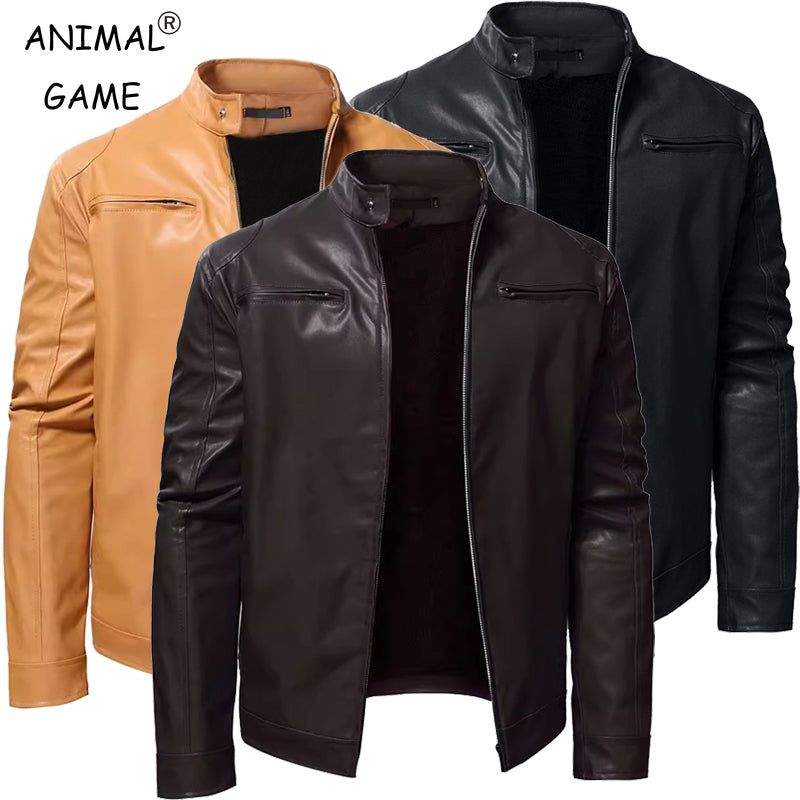 Autumn Mens Stand Collar Jacket Coat Black Leather Motorcycle Jacket Solid Colo image 2