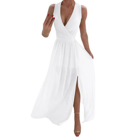 A-Line Waisted Sleeveless White Dress Ladies Deep V Neck Pleated Prom Dresses S image 0