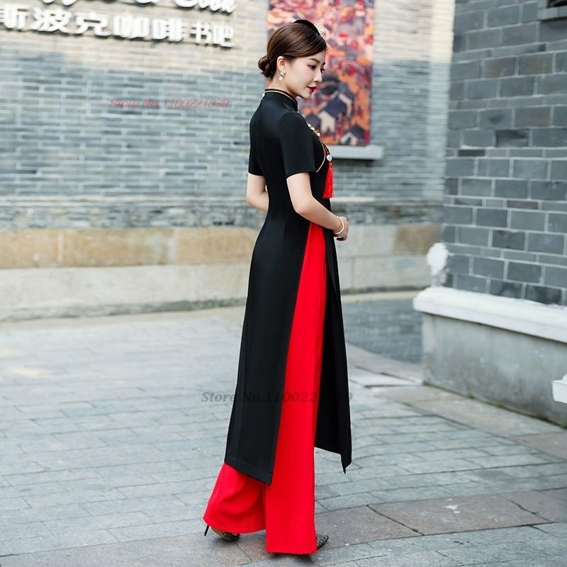 2024 vietnam woman ao dai dress chinese elegant cheongsam dress+pants set vinta image 3