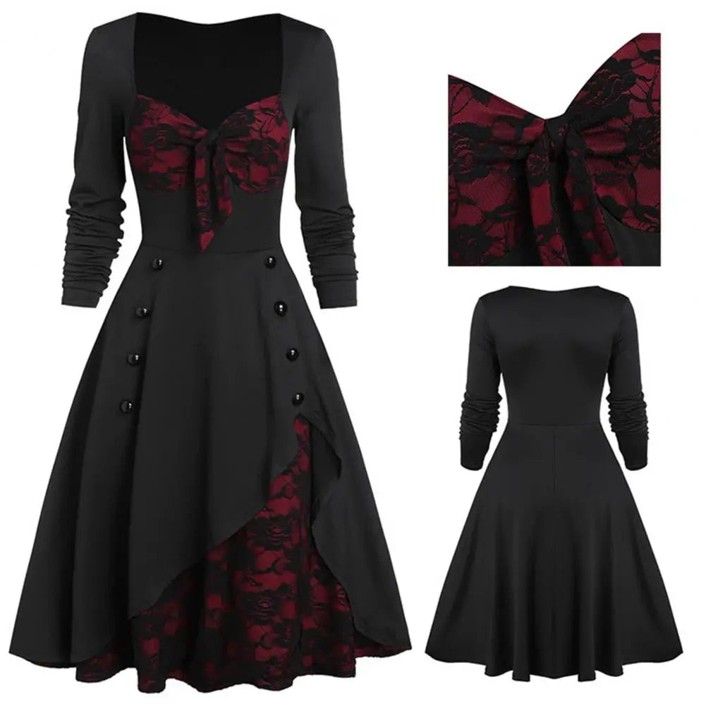 Women Lace Dresses Stitching Plus Size Long Sleeve Classical Retro Style Winter image 4