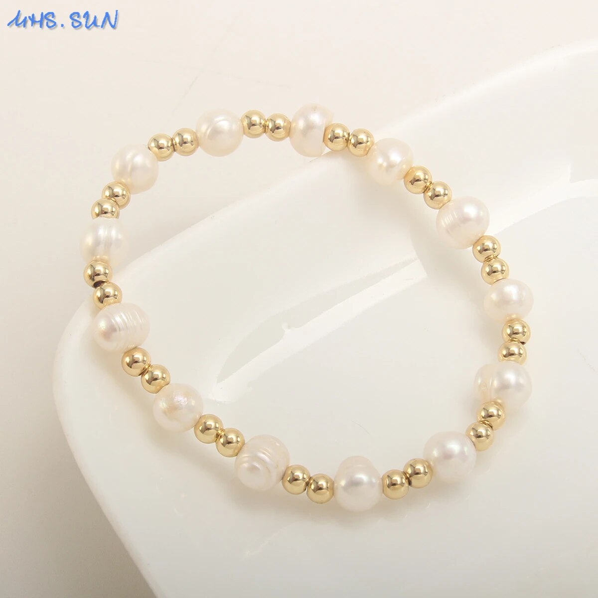 MHS.SUN Elegant Natural Pearl Gold Plated Stainless Steel Beaded Bracelet Handm image 5