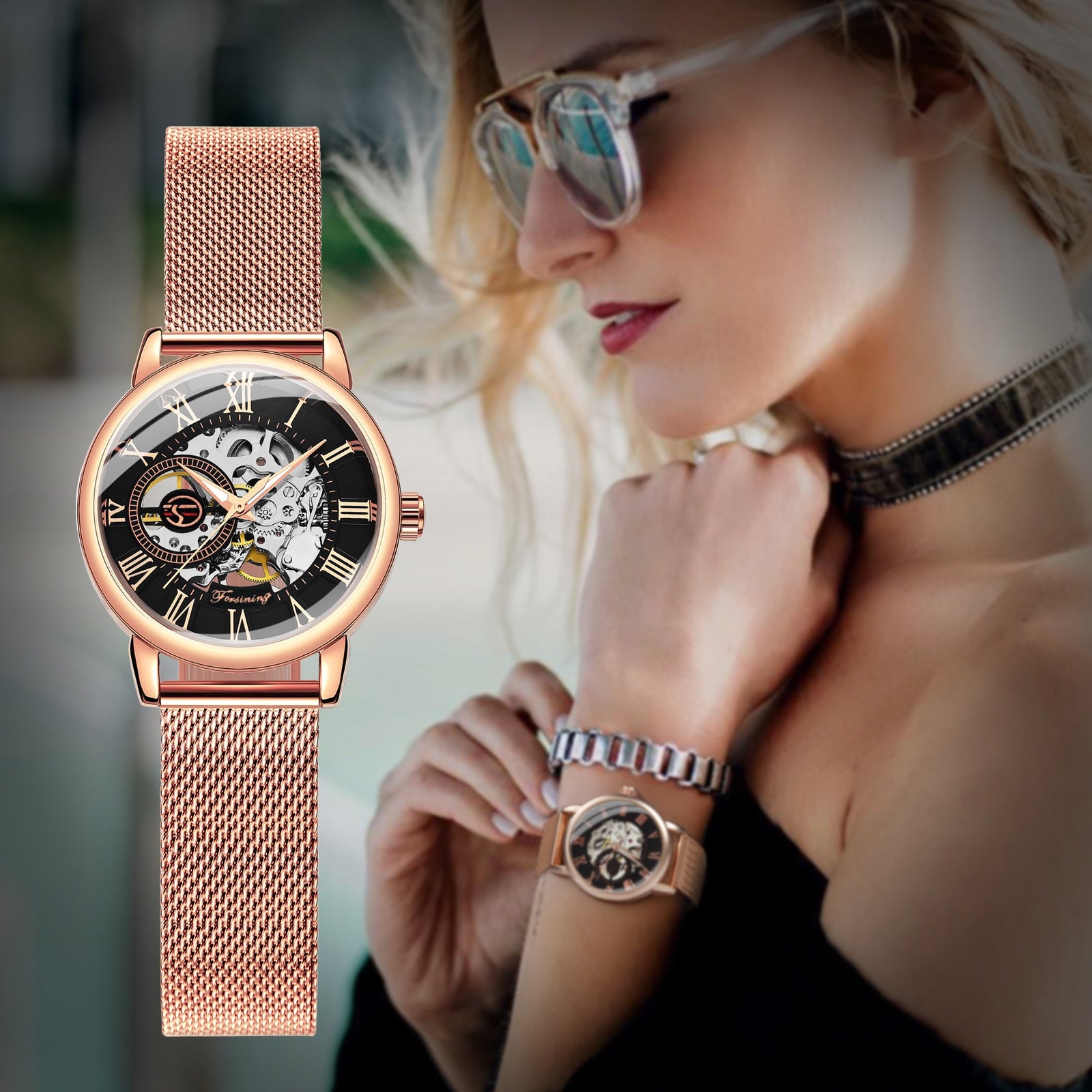 Forsining Rose Gold Skeleton Mechanical Watch for Women Fashion Luminous Hands image 1